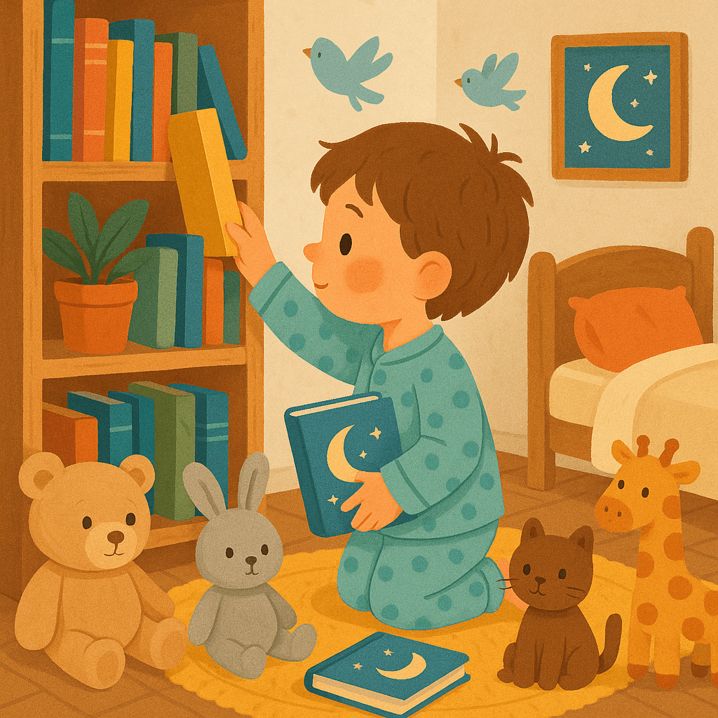 Детская комната с книжной полкой и мягкими игрушками