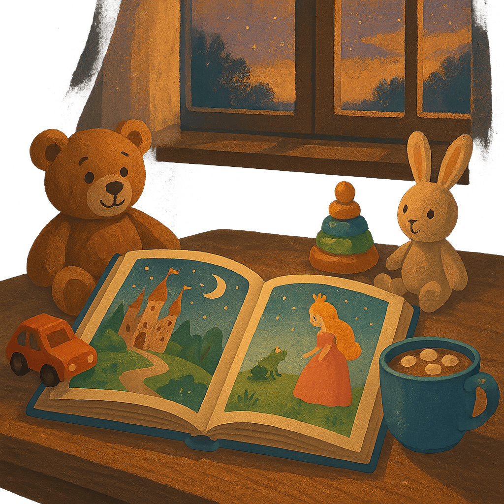 Книга-сказка раскрыта на столе, вокруг — игрушки и чашка какао