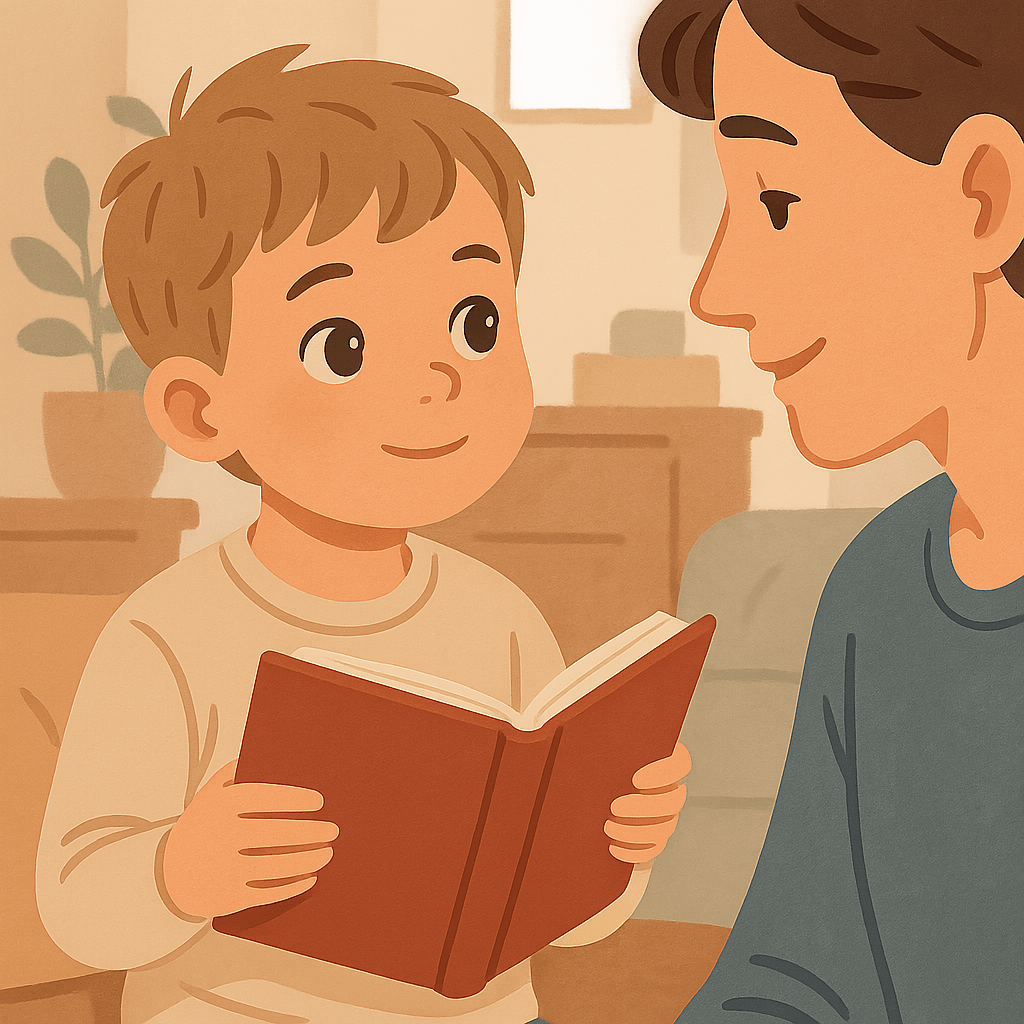 Ребёнок с книгой в руках внимательно слушает родителя