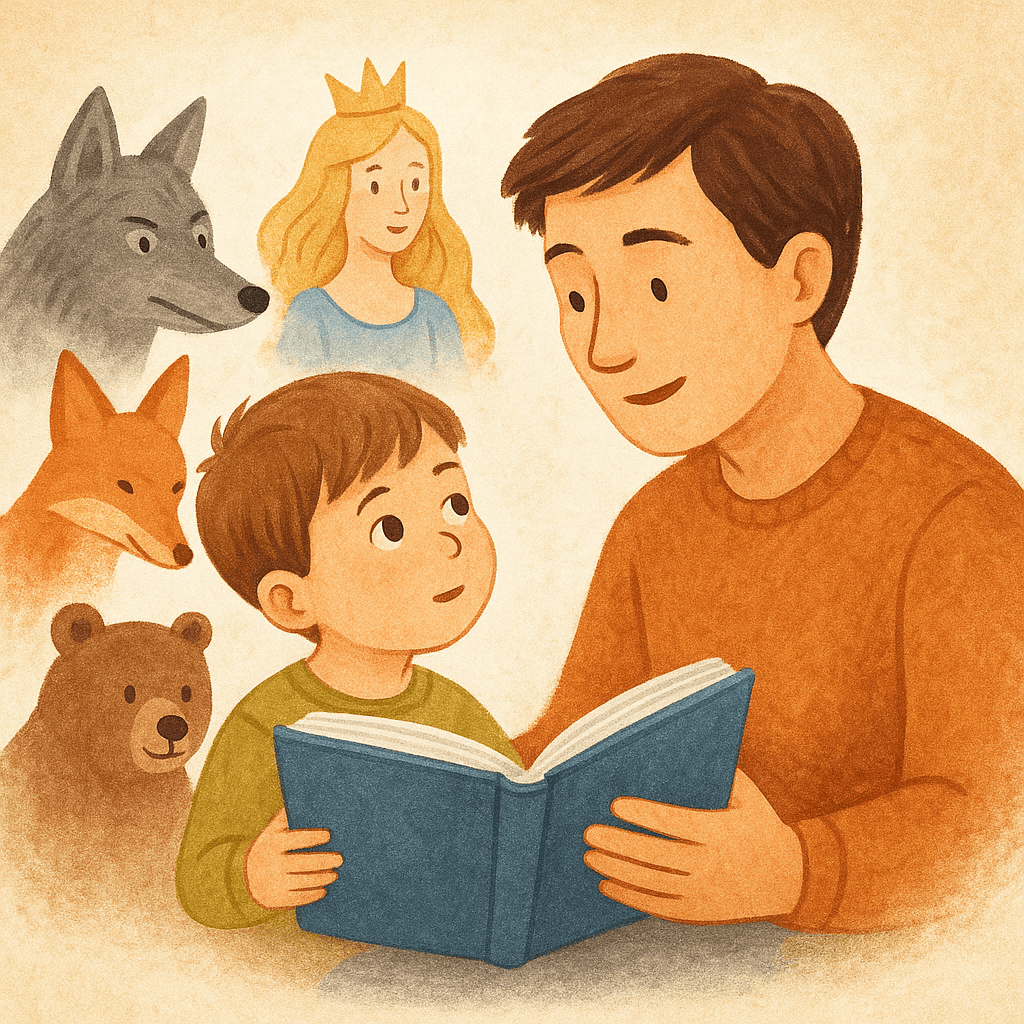 Ребёнок с книгой в руках внимательно слушает родителя, вокруг — образы героев сказок: волк, лиса, принцесса, медведь.