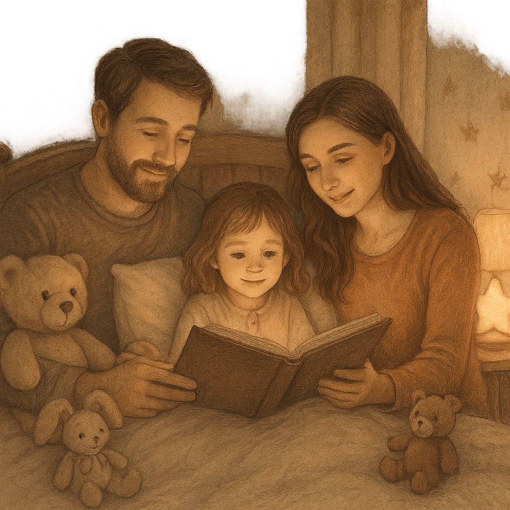 Родители читают сказку ребёнку перед сном