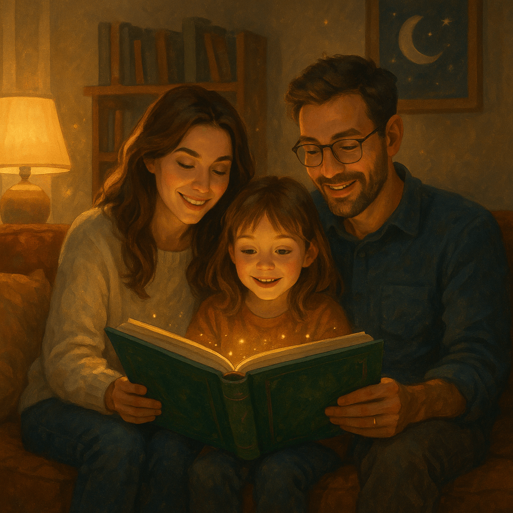 Семейное чтение сказок вечером: уютная комната, родители и ребёнок с книгой, мягкий свет, атмосфера волшебства и уюта
